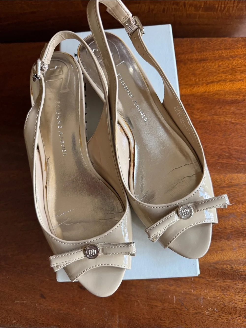 Etienne Aigner Women's Nude Beige Patent Slingback Peep-Toe Wedges